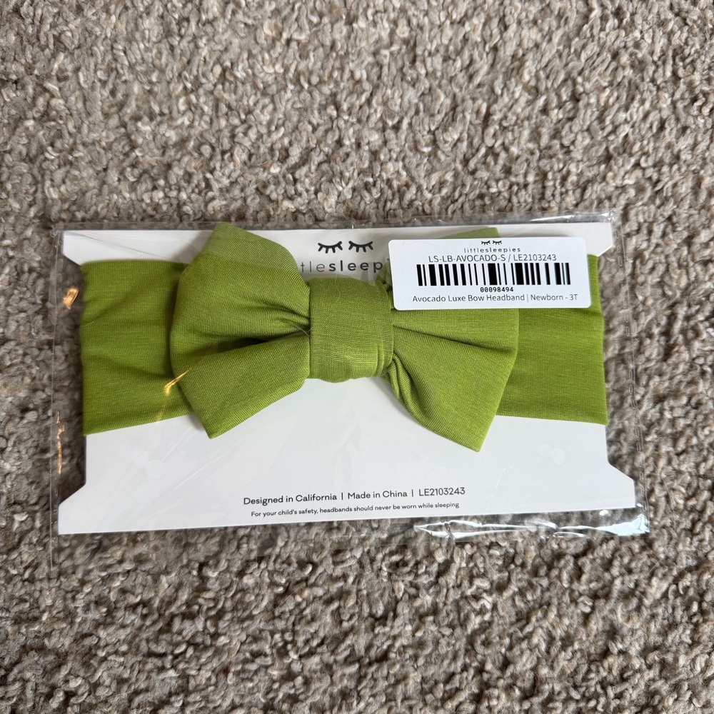 NWT Little Sleepies Avacado Green Bow Headband Baby Girl
